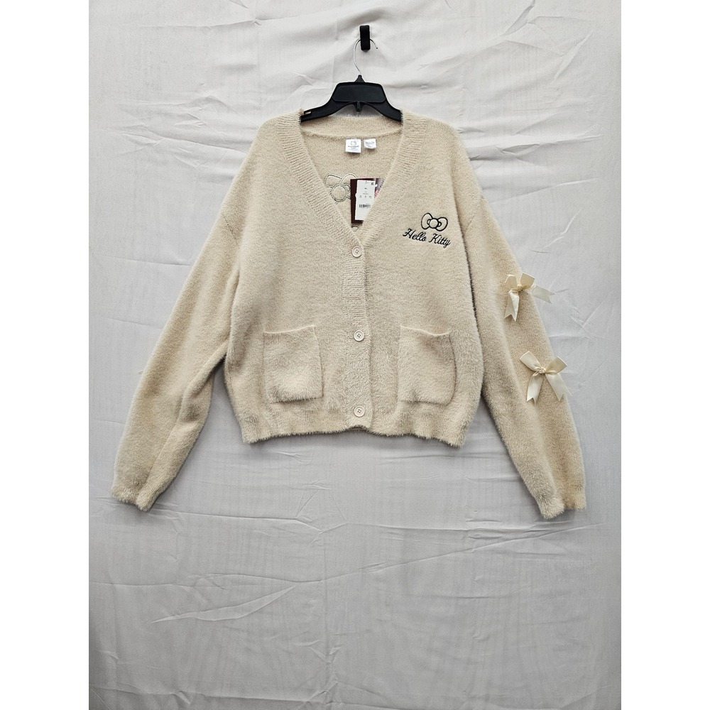 Sanrio Hello Kitty Fuzzy Cardigan Sweater Cream Bows XL KTHK016GLB NEW